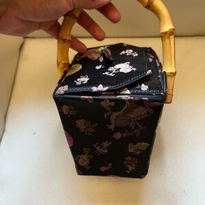 Vintage Chinese Purse Tozai Home Black Silk Floral Handbag Bamboo Handle